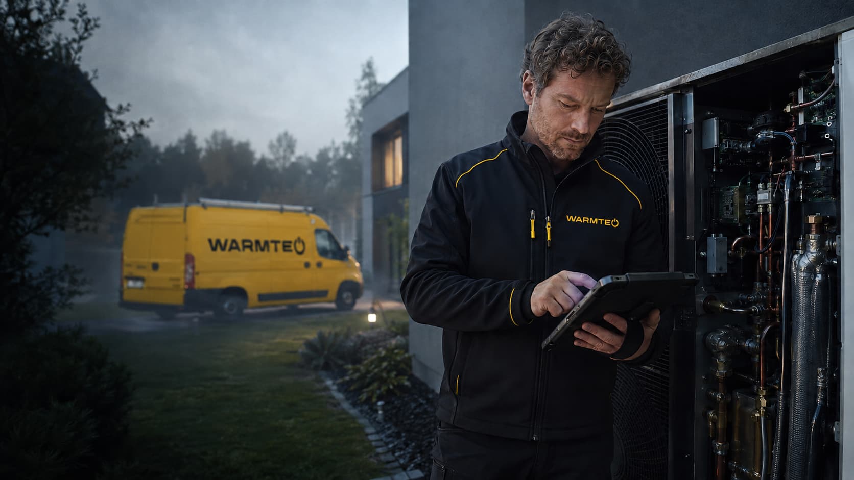 Technik Warmteo zapisuje do tabletu servisní protokol u&nbsp;otevřeného tepelného čerpadla, v&nbsp;pozadí servisní dodávka