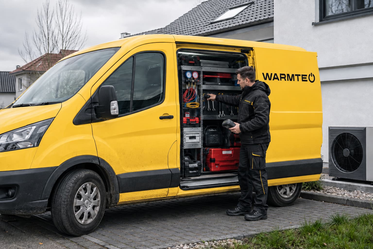 Servisní technik Warmteo u otevřeného tepelného čerpadla s tabletem — starší technik ukazuje mladšímu hodnoty na měřicím přístroji