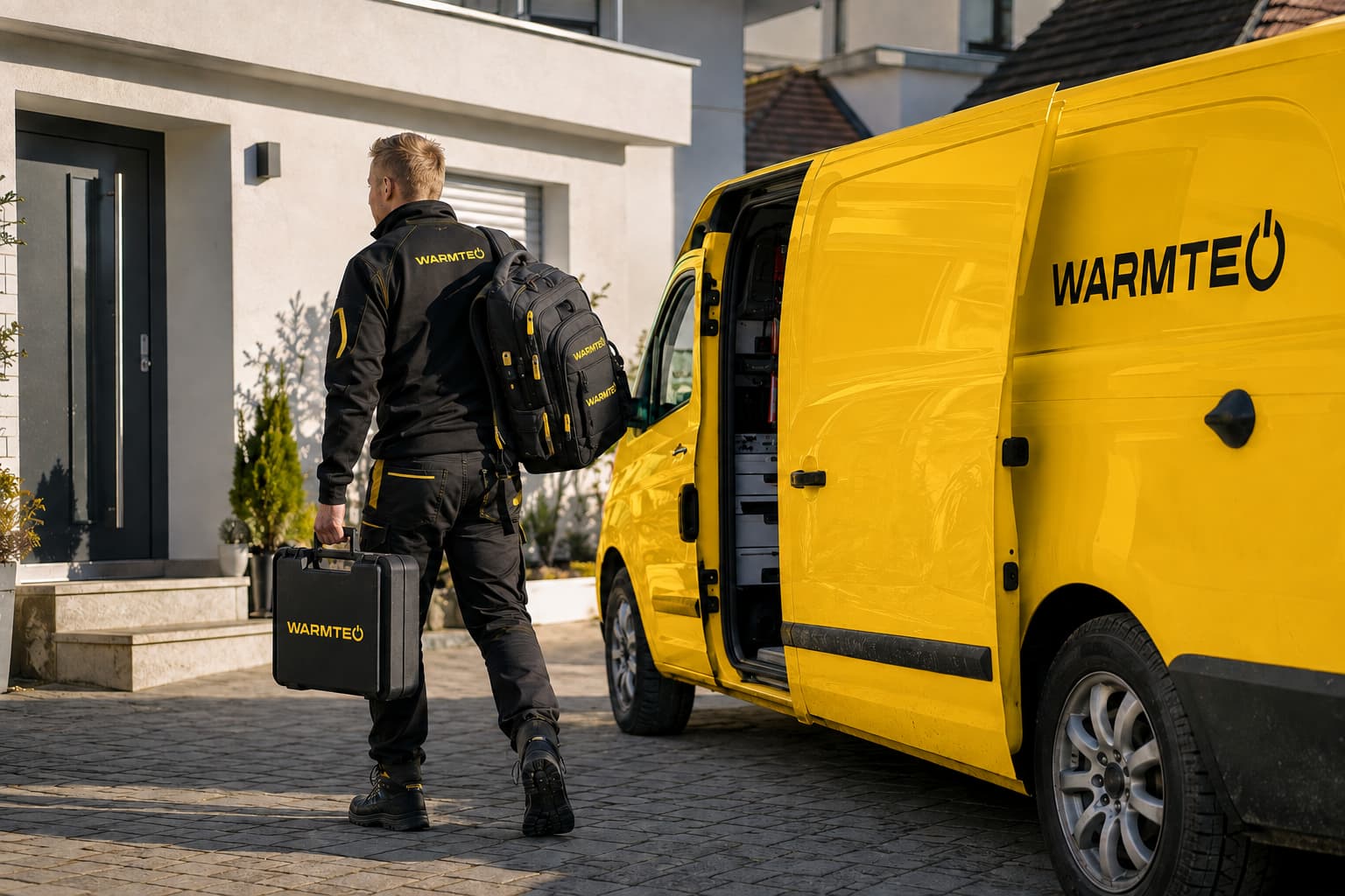 Servisní technik Warmteo vychází od otevřeného servisního vozu k&nbsp;domu zákazníka na první zásah dne