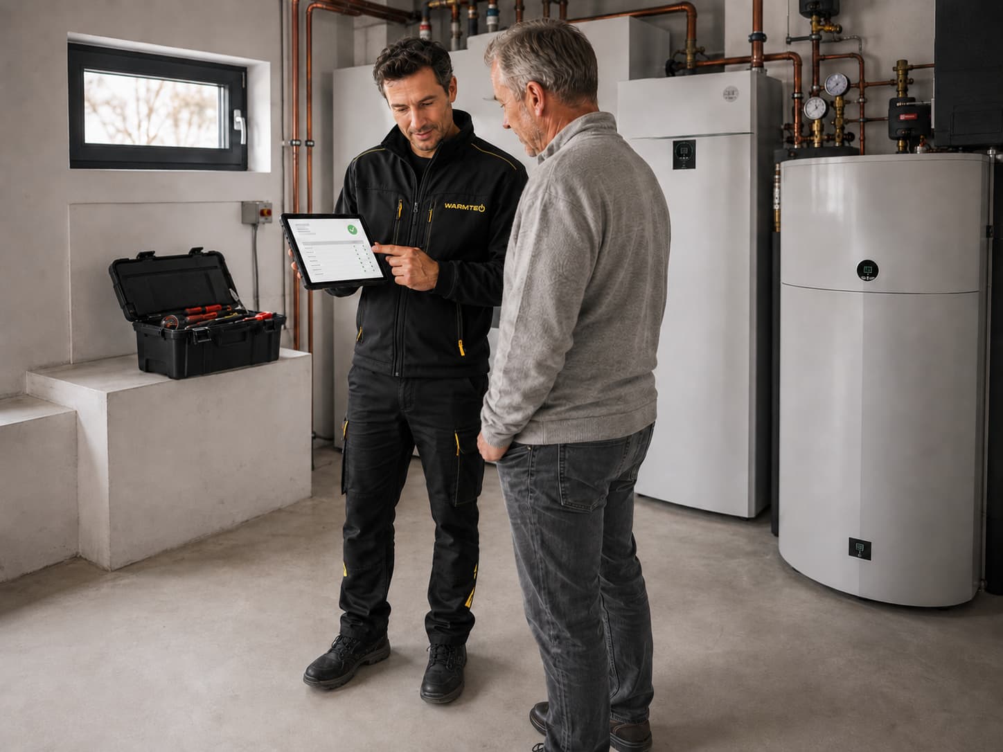 Technik Warmteo ukazuje zákazníkovi na tabletu výsledky servisní kontroly tepelného čerpadla