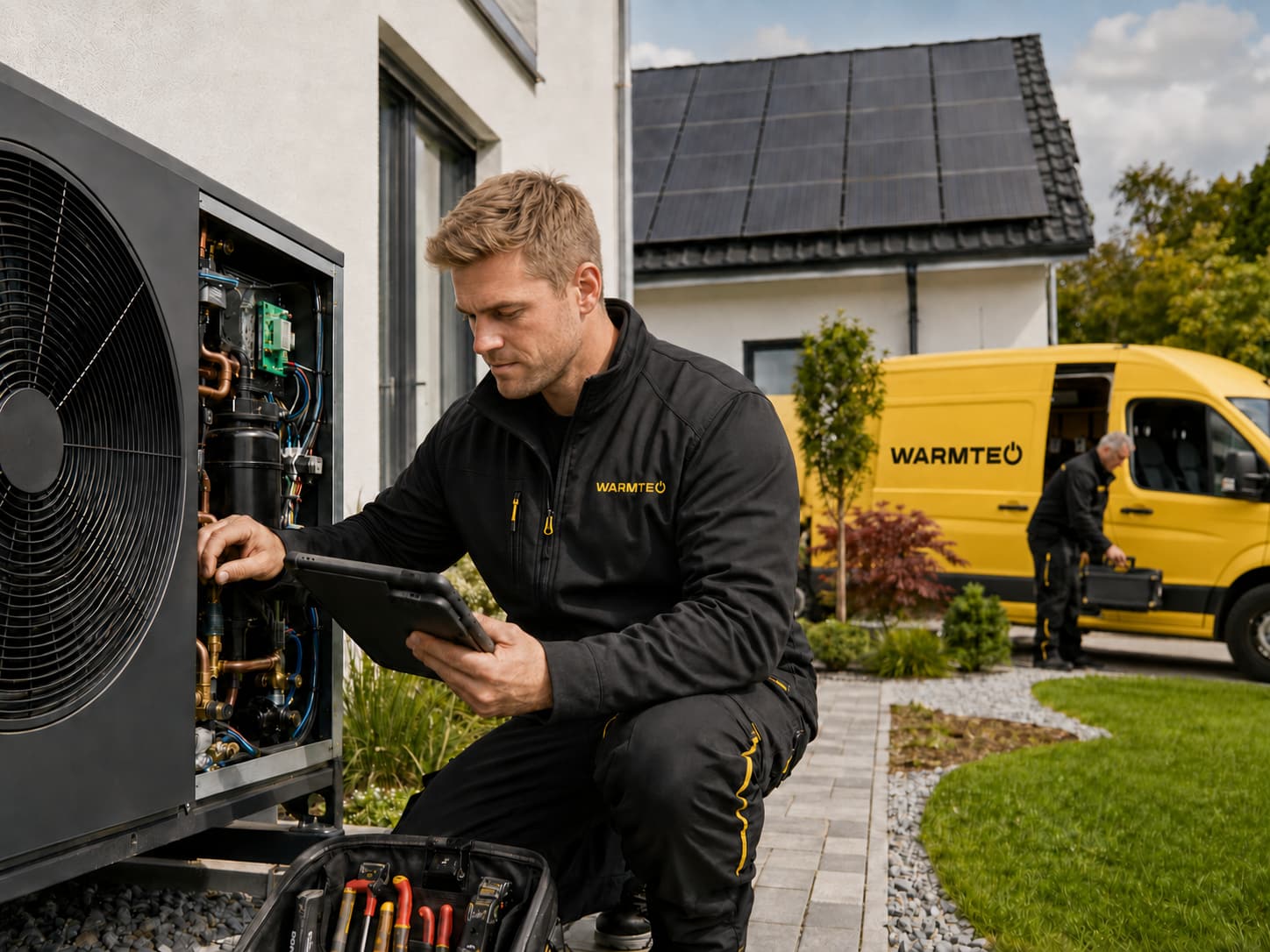 Technik Warmteo diagnostikuje otevřené tepelné čerpadlo u&nbsp;rodinného domu, v&nbsp;pozadí servisní vůz a&nbsp;kolega