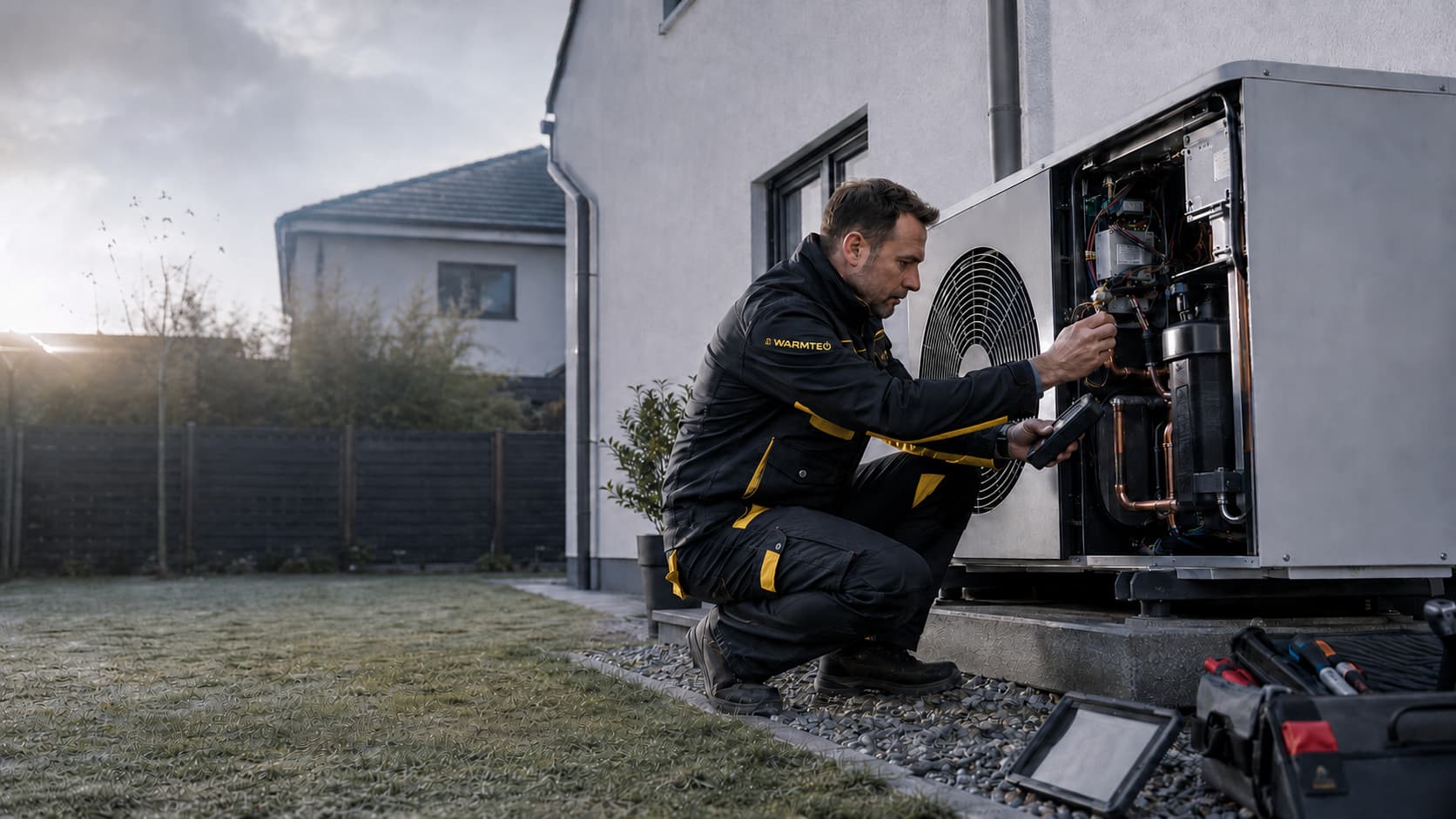 Servisní technik Warmteo diagnostikuje otevřené tepelné čerpadlo u rodinného domu