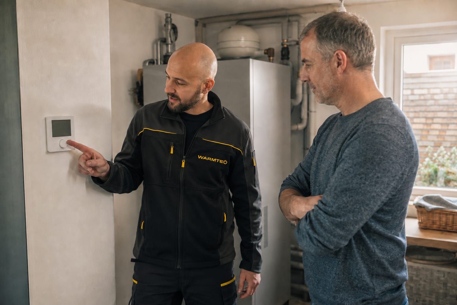 Spouštěcí technik Warmteo se zákazníkem u&nbsp;tepelného čerpadla